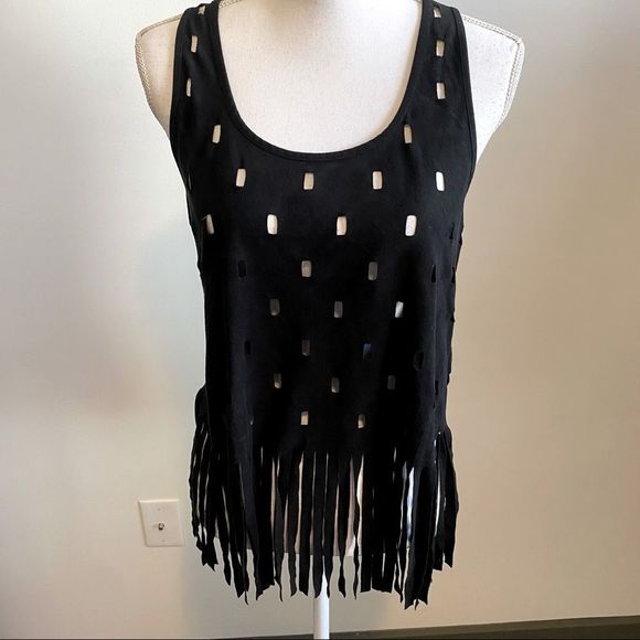 Forever 21 Tops - Forever 21 Black Fringe Cutout Tank Top